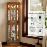 Eyisean Lighted Corner Curio Cabinet 70" Glass Display Cage with 6 Tempered Adjustable Shelves, Freestanding Home Bar Cabinet with Door, Rack for Liquor Storage and Living Room (Oak) Eyisean