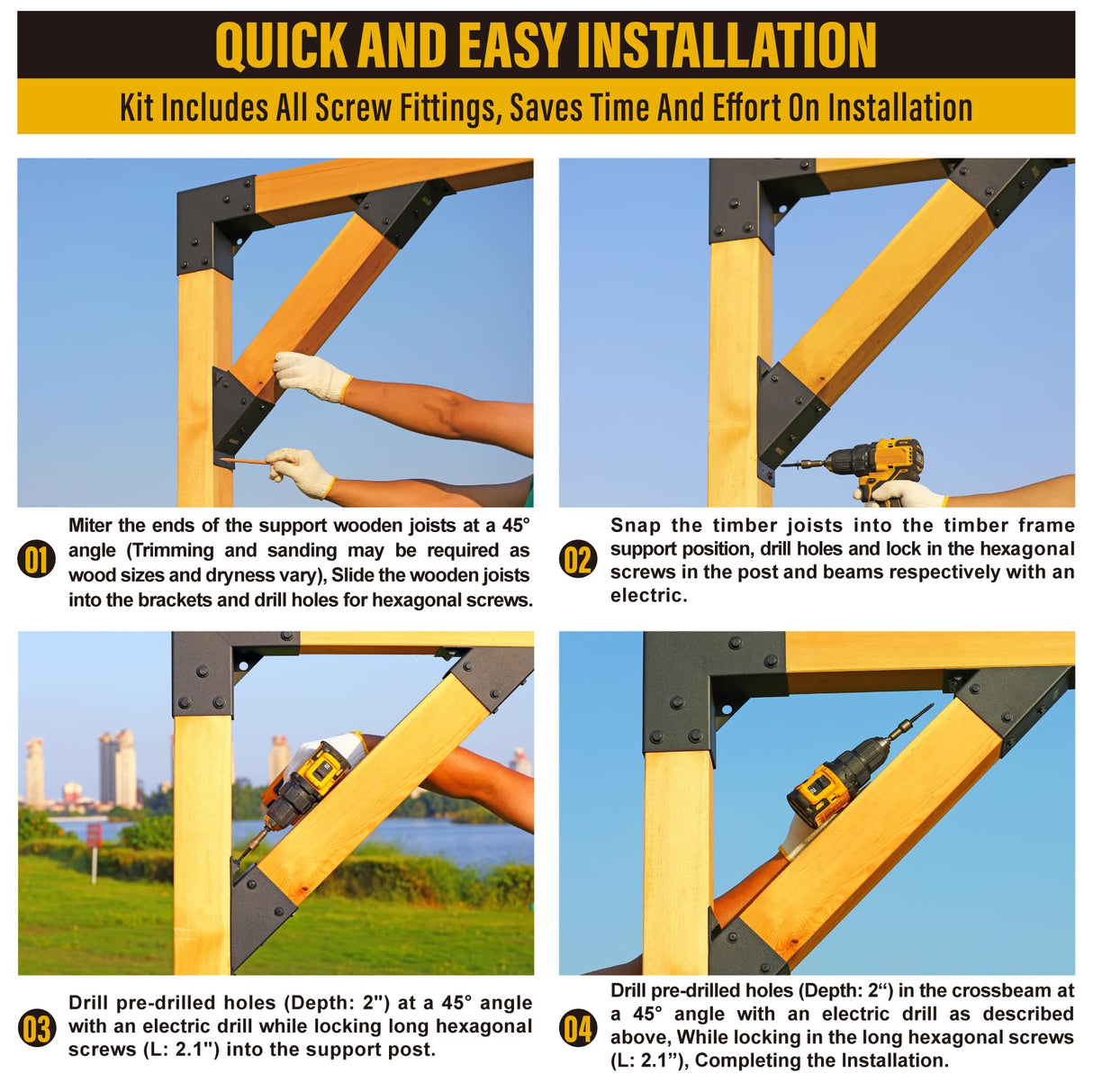 WOWACE 4pcs 45° Degree Angle Support Brackets, 4x4 (Actual 3.5''x3.5'') Pergola Angle Brackets, For pergola, deck porch, log cabin angle support bracket kit WOWACE