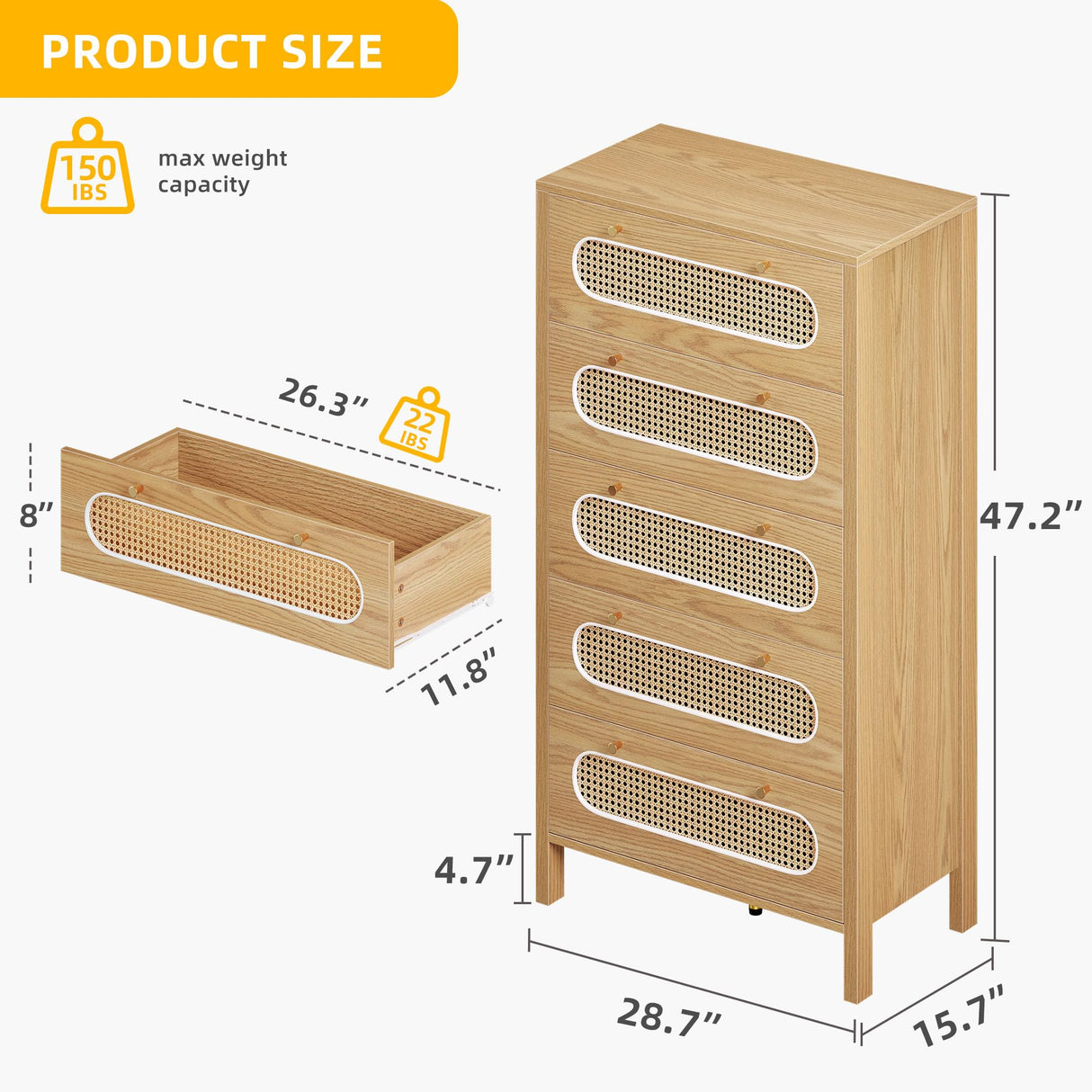 DWVO 47" Tall Natural Rattan 5 Buffet Sideboard Cabinet Drawer Boho Dresser Chest of Drawers with Golden Handles, Wood Dresser Storage Cabinet for Hallway, Entryway, Hold up to 300lbs - Oak DWVO