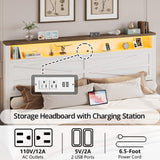 IRONCK Farmhouse King Size Bed Frame with LED Light and Charging Station, Wood Bed Frame with Storage Headboard and 2 Drawers， Barn Door Design, Sturdy and Noiseless, White IRONCK