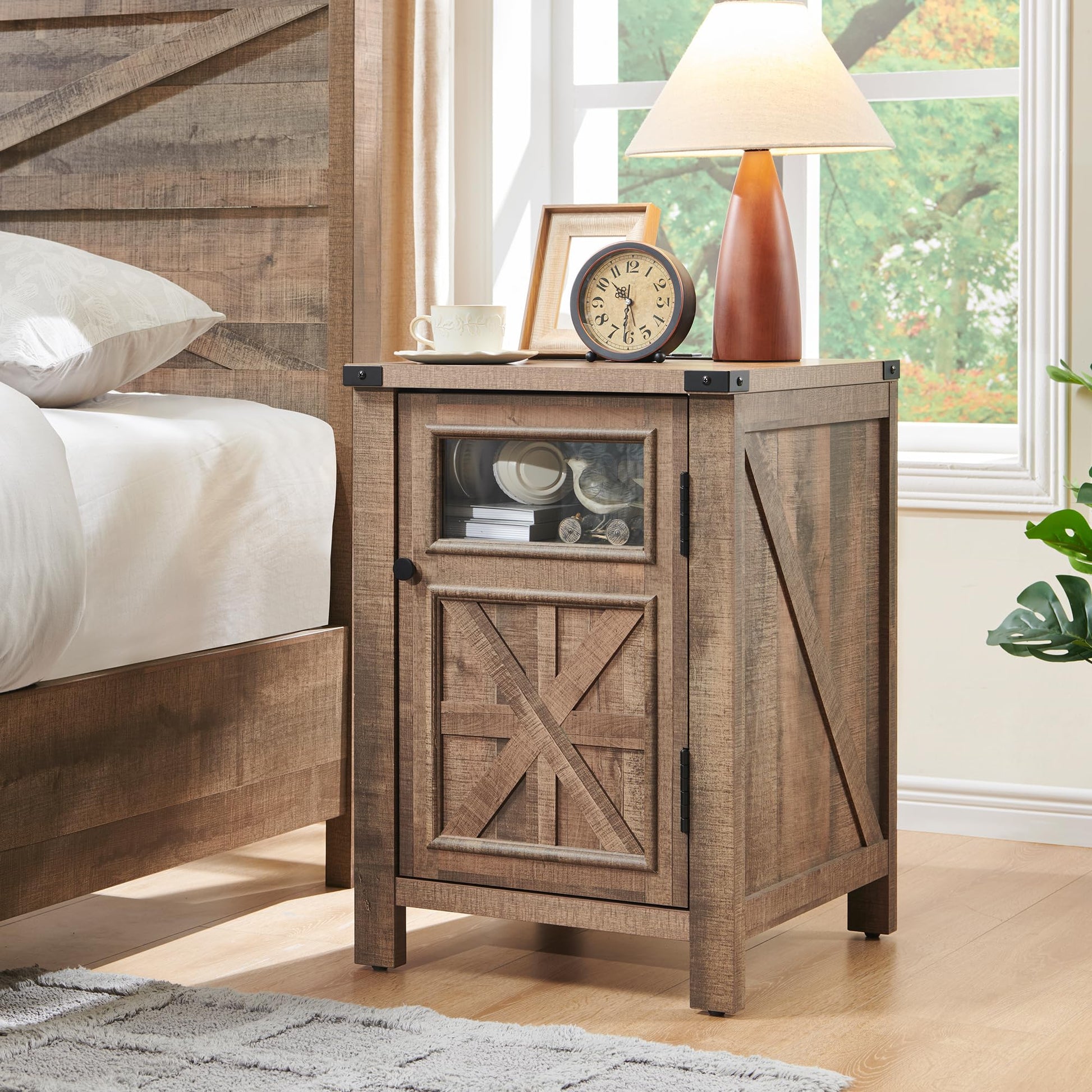 JXQTLINGMU Farmhouse End Table with Charging Station, 18'' Rustic Nightstand with Barn Door & Adjustable Shelf, Wooden Sofa Side Table with 3-Tier Storage for Living Room, Bedroom, Light Brow - WoodArtSupply