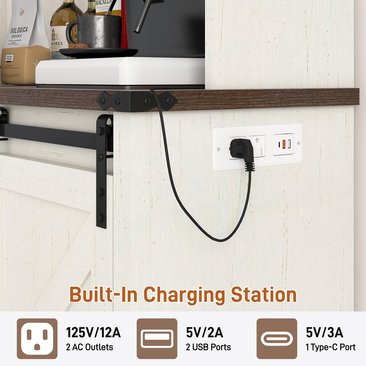 Farmhouse Coffee Bar Cabinet with LED Light, Charging Station & Sliding Barn Doors - 63"W x 71"H Large Wine Rack, Built-in Liquor Dispenser, Glass/Mug Holders for Kitchen, Living Room, Hallway chartustriable