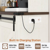 Farmhouse Coffee Bar Cabinet with LED Light, Charging Station & Sliding Barn Doors - 63"W x 71"H Large Wine Rack, Built-in Liquor Dispenser, Glass/Mug Holders for Kitchen, Living Room, Hallway chartustriable