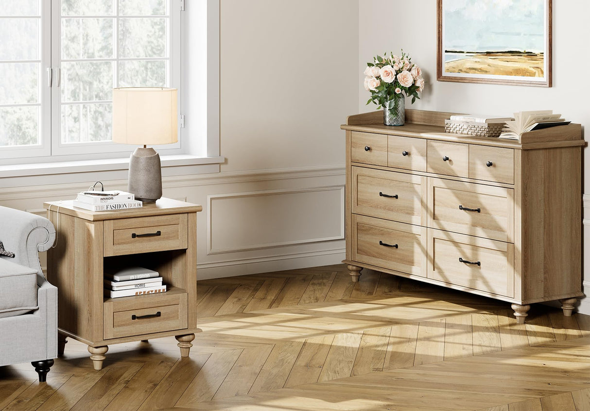 WAMPAT 3 Piece Dresser and Nightstand Sets, Light Wood Dresser & Chest of Drawers with 6 Drawers & Metal Handle, Set of 2 Nightstands Side Table with Charging Staion, 3 Piece Bedroom Set, Oak WAMPAT