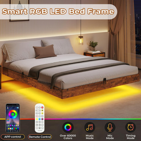 BTHFST Queen Size Floating Bed Frame with LED Lights - Industrial Style Wooden & Metal Platform Bed, Noise-Free & Easy Assembly BTHFST