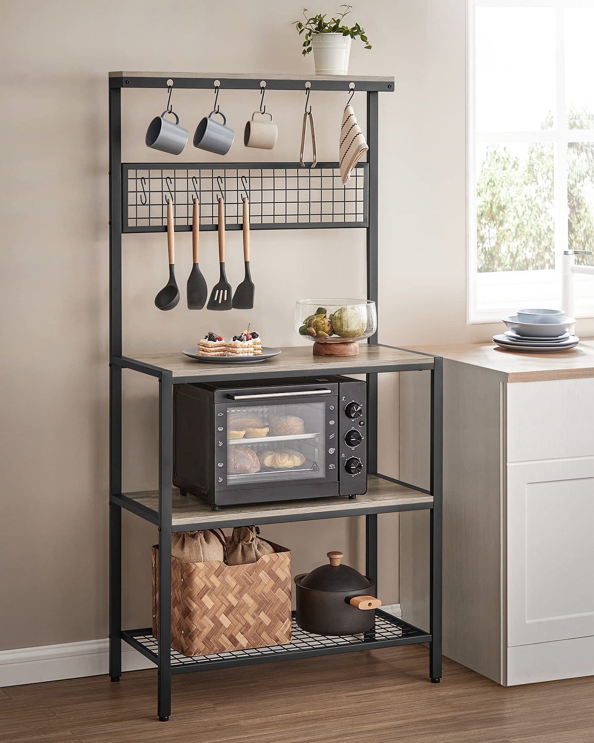 VASAGLE Bakers Rack, Coffee Bar, Kitchen Storage Shelf Rack with 10 Hooks, 3 Shelves, Adjustable Feet, for Microwave Oven, 15.7 x 33.1 x 66.9 Inches, Industrial, Greige and Black UKKS017B02 VASAGLE