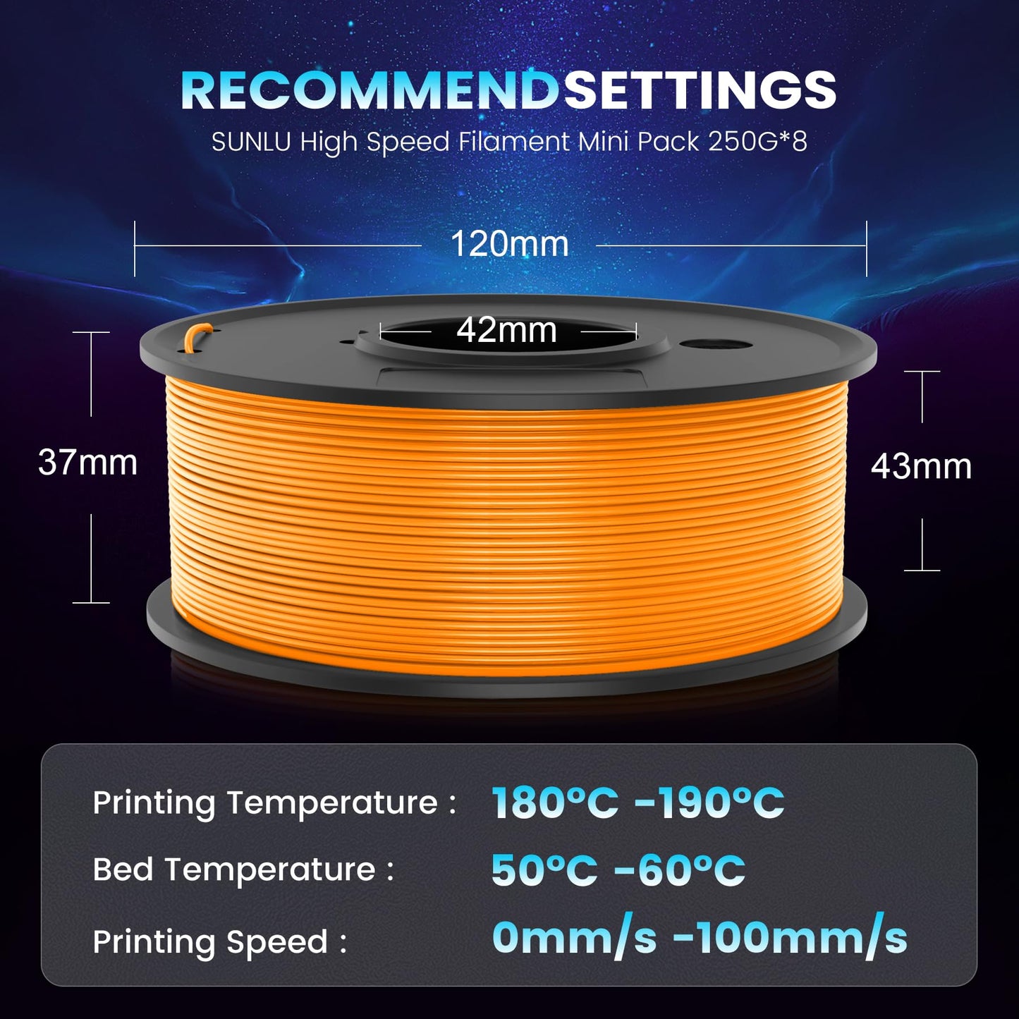 SUNLU High Speed PLA Filament Mini Pack, 30mm/s - 600mm/s Print Range, High Flow Speedy 3D Printer PLA Filament Bundle, 250g/Spool, Black+White+Green+Blue+Red+Orange+Yellow+Pink - WoodArtSupply