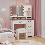 Lareth Vanity Desk 39 inch with Mirror Light and Power Outlet, Farmhouse Makeup Table Set with Stool, 3 Color Adjustable Lights Bedroom Dressing Table with 4 Drawer for Women Girls Teen, Antique White Lareth