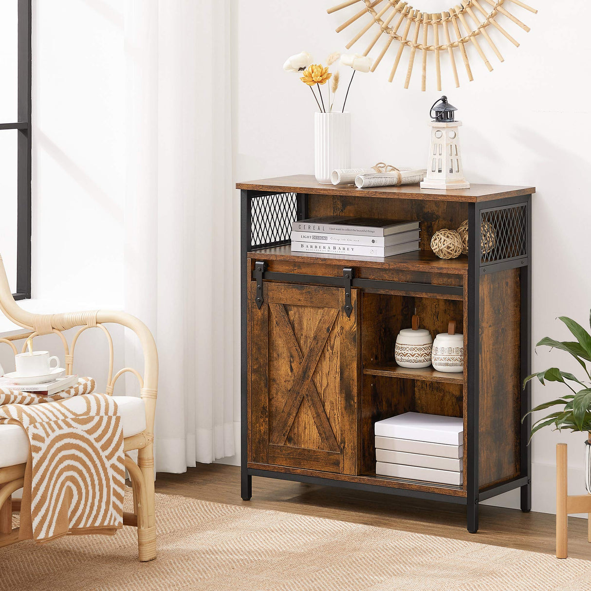 VASAGLE Buffet Cabinet, Coffee Bar Storage Cabinet, Sideboard with 1 Sliding Barn Door, Adjustable Shelves, 11.8 x 27.6 x 31.5 Inches, for Living Room, Rustic Brown and Ink Black ULSC089B01 VASAGLE