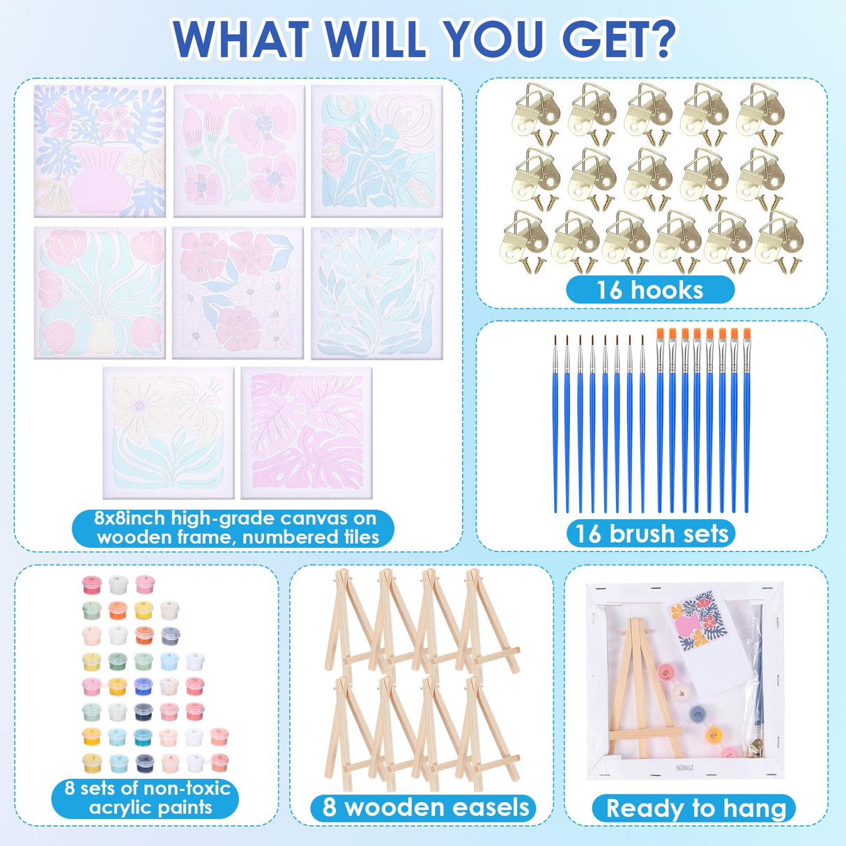 RoundFunny 8 Set Paint by Numbers Kit for Adults with 8x8 Inch Mini Simple Painting Canvas Wooden Frame Easel Acrylic Paints Brushes Funny Numbers Drawing Kit for Gift Home Wall Decor(Simple Blossom) RoundFunny