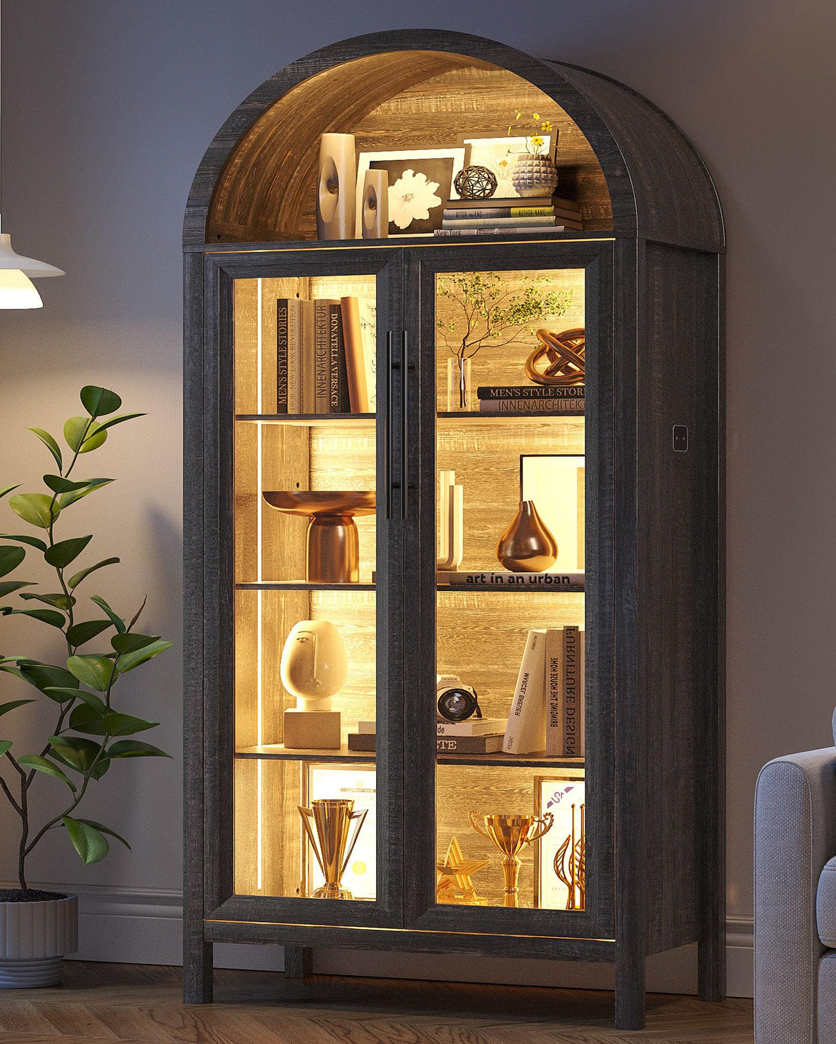 Dystler Arched Kitchen Pantry Cabinet with Glass Doors, Display Curio Case with 3 Color LED Lights for Collectibles, Modern 5-Tier Storage Hutch Cabinet Brown Dystler