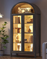 Dystler Arched Kitchen Pantry Cabinet with Glass Doors, Display Curio Case with 3 Color LED Lights for Collectibles, Modern 5-Tier Storage Hutch Cabinet Brown Dystler