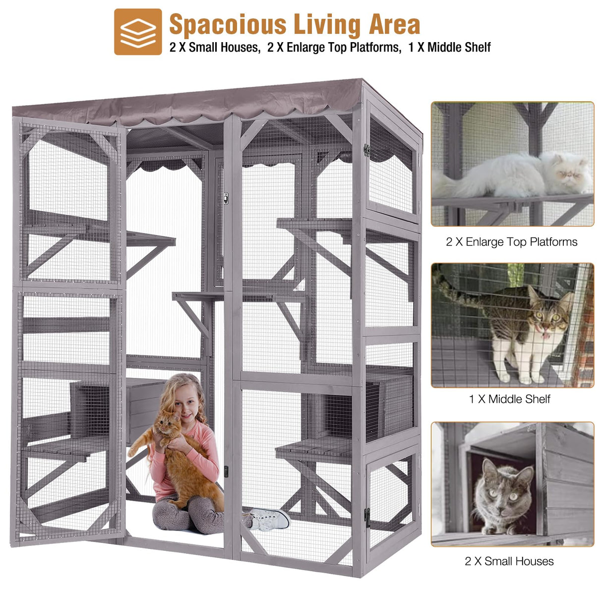 Large Catio Outdoor Cat Enclosure with Condos, Wood Catio Walk in Cat House, Kitty Shelter Indoor with Waterproof Roof Suumerpety