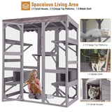 Large Catio Outdoor Cat Enclosure with Condos, Wood Catio Walk in Cat House, Kitty Shelter Indoor with Waterproof Roof Suumerpety