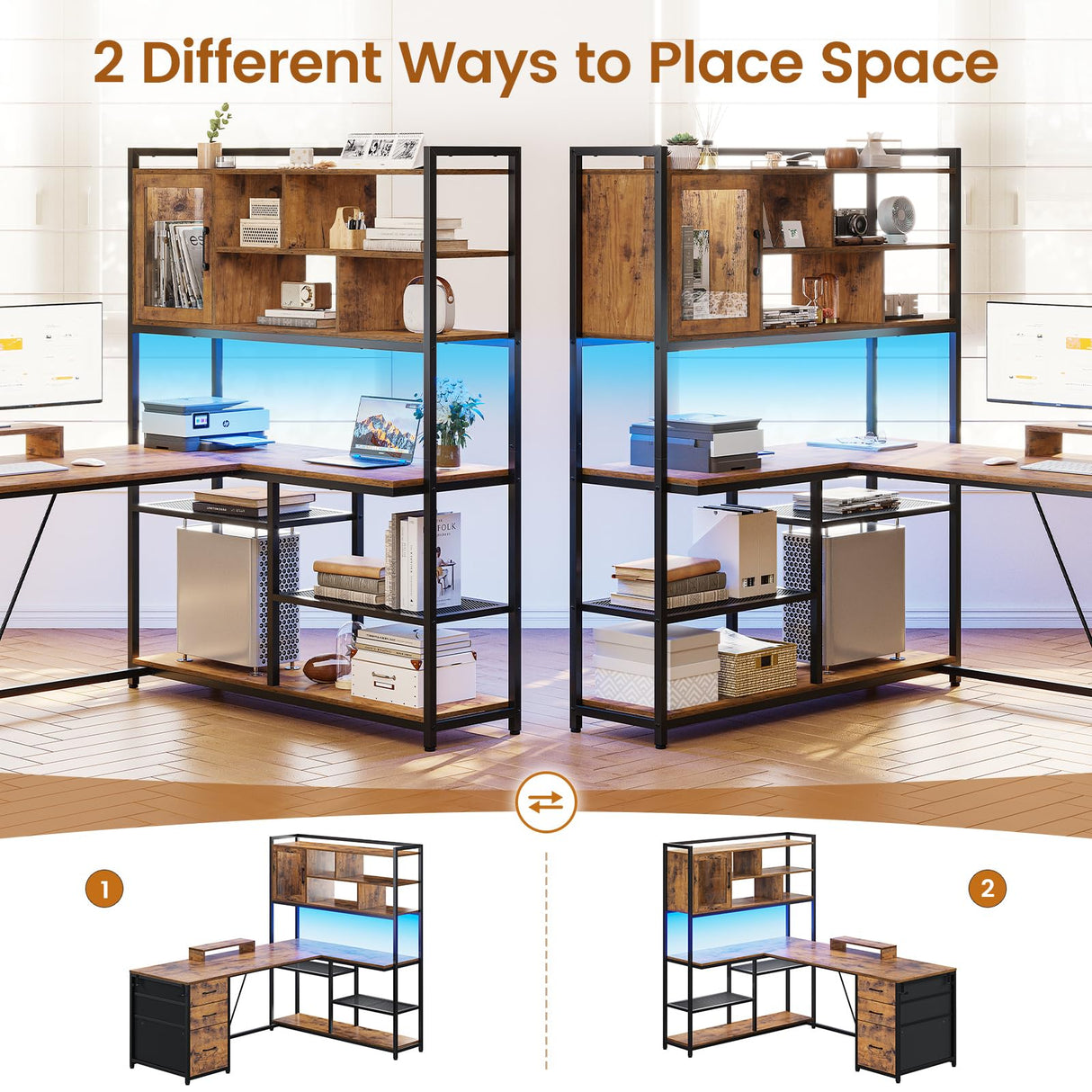 SEDETA L Shaped Computer Desk, 58'' Office Desk with 3 Drawers and Bookshelf, L Shaped Corner Desk with Storage Shelves and LED Light for Home Office, Gaming Desk, L Desk, Rustic Brown SEDETA