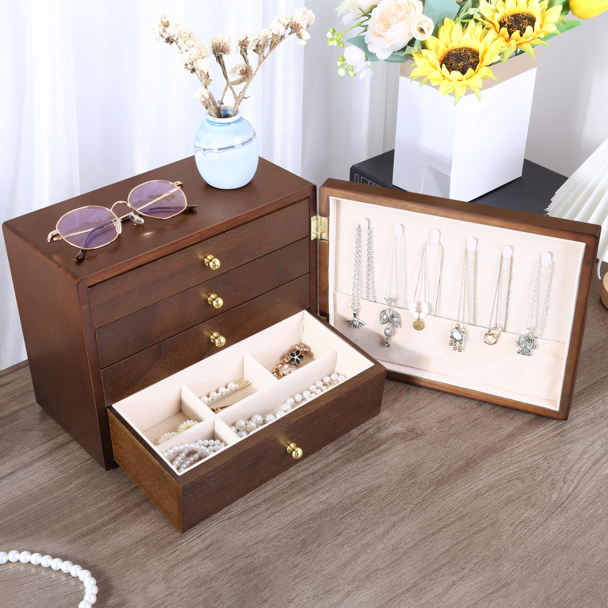 Kendal Wooden Jewelry Box for Women, Wooden Jewelry Organizer, 4-Layer Jewelry Organizer Box with Side Door, Single Door Jewelry Holder Organizer for Earrings, Necklaces, Rings Kendal