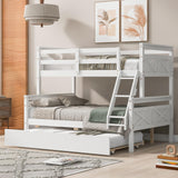 Merax Trundle Bunk Bed, Twin Over Full Wood Bunk Bed with Twin Size Trundle, Solid Wood Bunk Bed Frame with Guardrail and Ladder, White Merax