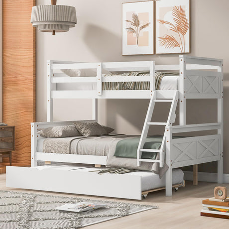 Merax Twin Over Full Bunk Bed, Kids Bedroom White Wooden Bunk Bed Frame, Convertible to 2 Separated Beds with Trundle, Ladder & Safety Guardrail for Teens, Wood Slat Support, Easy Assembly, White Merax