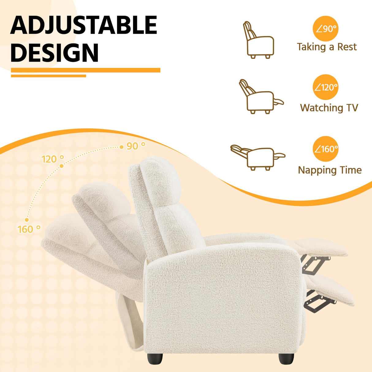 Yaheetech Fabric Recliner Chair Single Sofa Home Theater Seatting Adjustable Modern Single Reclining Chair for Living Room Bedroom Home Theater Ivory Yaheetech