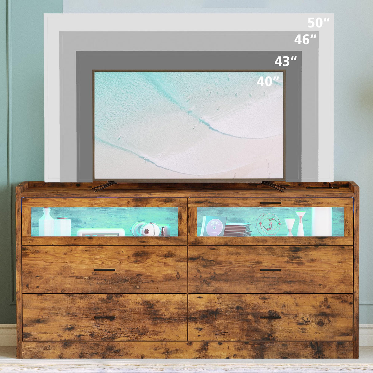 LIKIMIO 6 Drawer 59" Dresser with LED and Power Strip, Wood Dressers & Chests of Drawers for Bedroom Living Room, Rustic Brown LIKIMIO