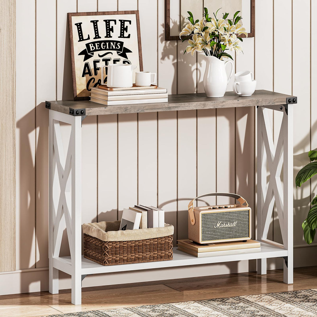 HOOBRO Farmhouse Console Table, Narrow Entryway Table, Sofa Table with 2 Open Shelves, for Hallway, Living Room, White and Greige WG08XG01 HOOBRO