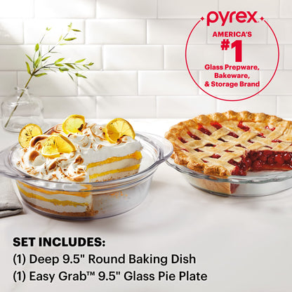 Pyrex Deep 2-Pack (9.5") Glass Baking Dish Set, Round Pie Glass Bakeware, Dishwasher, Microwave, Freezer & Pre-Heated Oven Safe