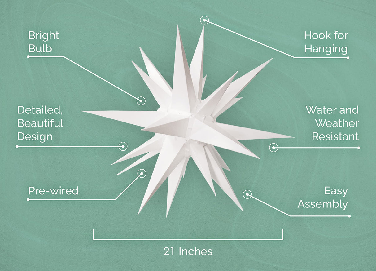 Elf Logic 21" Large Warm White LED Moravian Star - Hanging Outdoor Christmas Light - Use as Holiday Decoration, Porch Light, 3D Fixture, Advent Star, Wedding & Ballroom Venue Decor - Assembly Required Elf Logic
