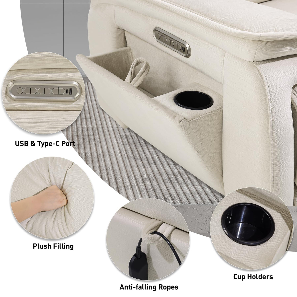 EONIX Triple Motor Lay Flat Zero Gravity Power Recliner Chair with Heat and Massage, Independent Adjustable Backrest Footrest Headrest, 400lbs Heavy Duty Medium Size, Stylish Chenille, Cream White EONIX