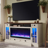 OKD Fireplace TV Stand for 80 Inch TV, Farmhouse Entertainment Center with 42" Fireplace & LED Lights, Modern Media Console Table with Storage Drawers & Cabinets for Living Room, Antique White OKD