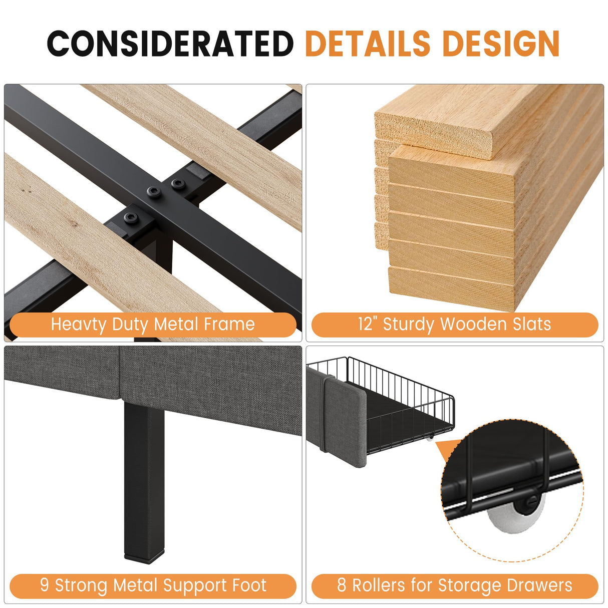 GarveeHome King Size Bed Frame, Upholstered Platform Bed Frame with Storage Drawers, Mattress Foundation with Solid Wooden Slats Support, No Box Spring Needed, Grey GarveeHome