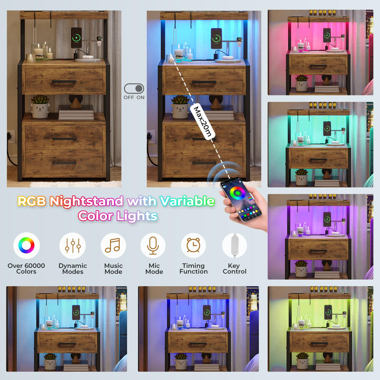 VIAGDO Led Nightstand with Charging Station, 3 Drawers Night Stands with Led Lights, Rustic Brown Bedside Tables with Storage Shelves, Modern End Side Tables for Bedroom, Office VIAGDO