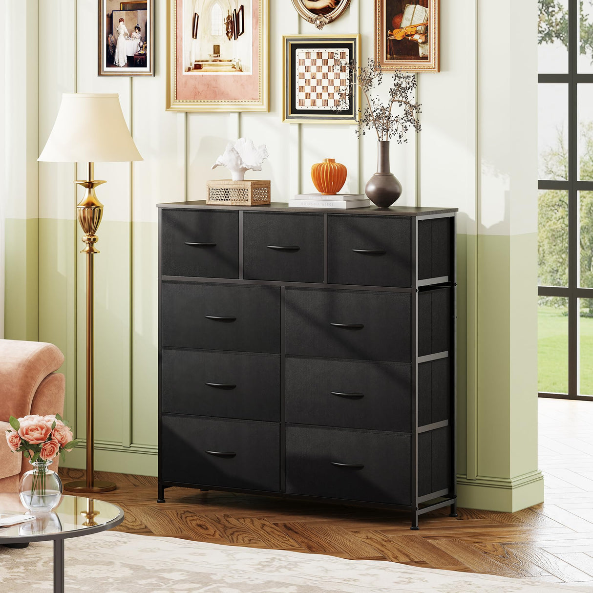 WLIVE 9-Drawer Dresser, Fabric Storage Tower for Bedroom, Hallway, Entryway, Closet, Tall Chest Organizer Unit with Fabric Bins, Steel Frame, Wood Top, Easy Pull Handle, Charcoal Black WLIVE