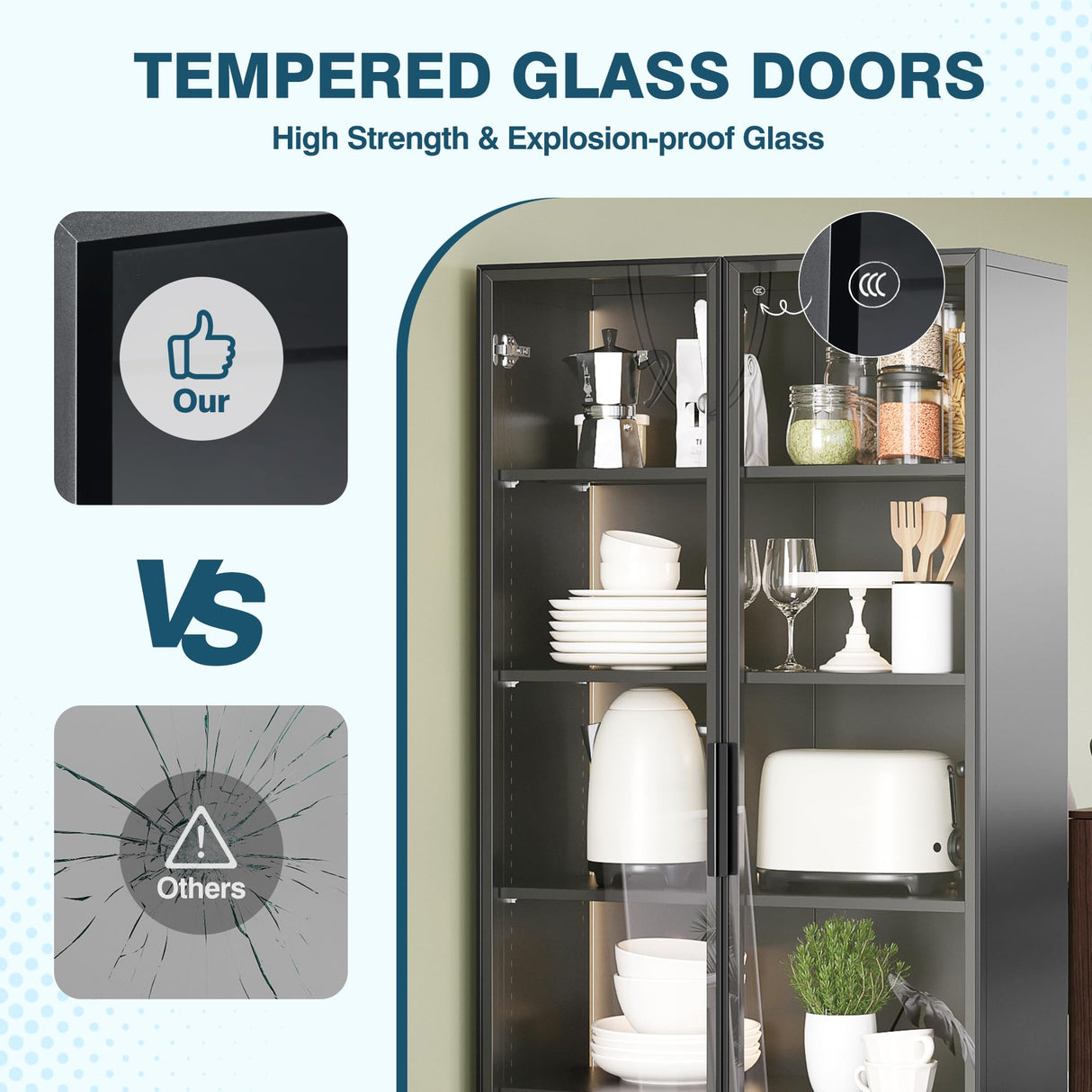 MIIIKO 63" Grey Glass Door Display Cabinet with 5 Shelves for Curios and Collectibles MIIIKO