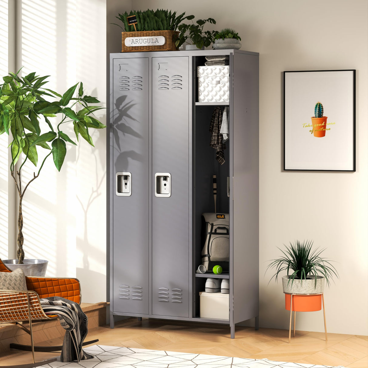 IKIMI Metal Locker 3 Doors Storage Lockers for Employee,72" Tall Locker with Shelves and Hooks Steel Sports Locker for Office School Office Gym Home Garage IKIMI