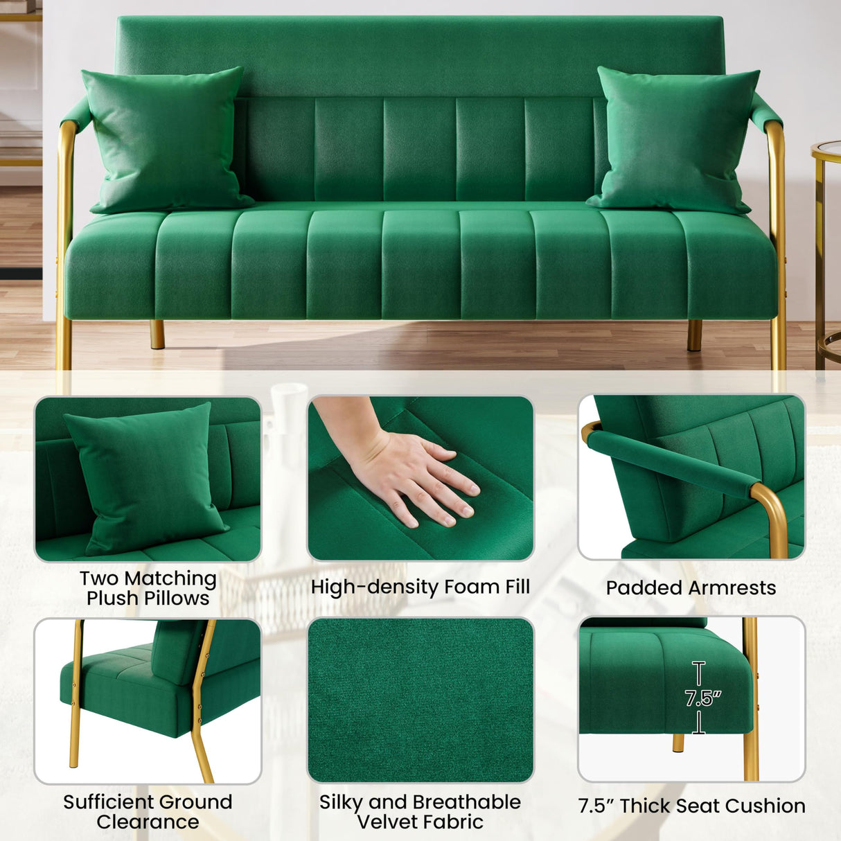 Yaheetech 56.5" W Modern Loveseat 2 Seater Sofa Luxurious Velvet Fabric Couch with Gold-Tone Metal Arms and Legs for Living Room, Home Office, Studio Green Yaheetech