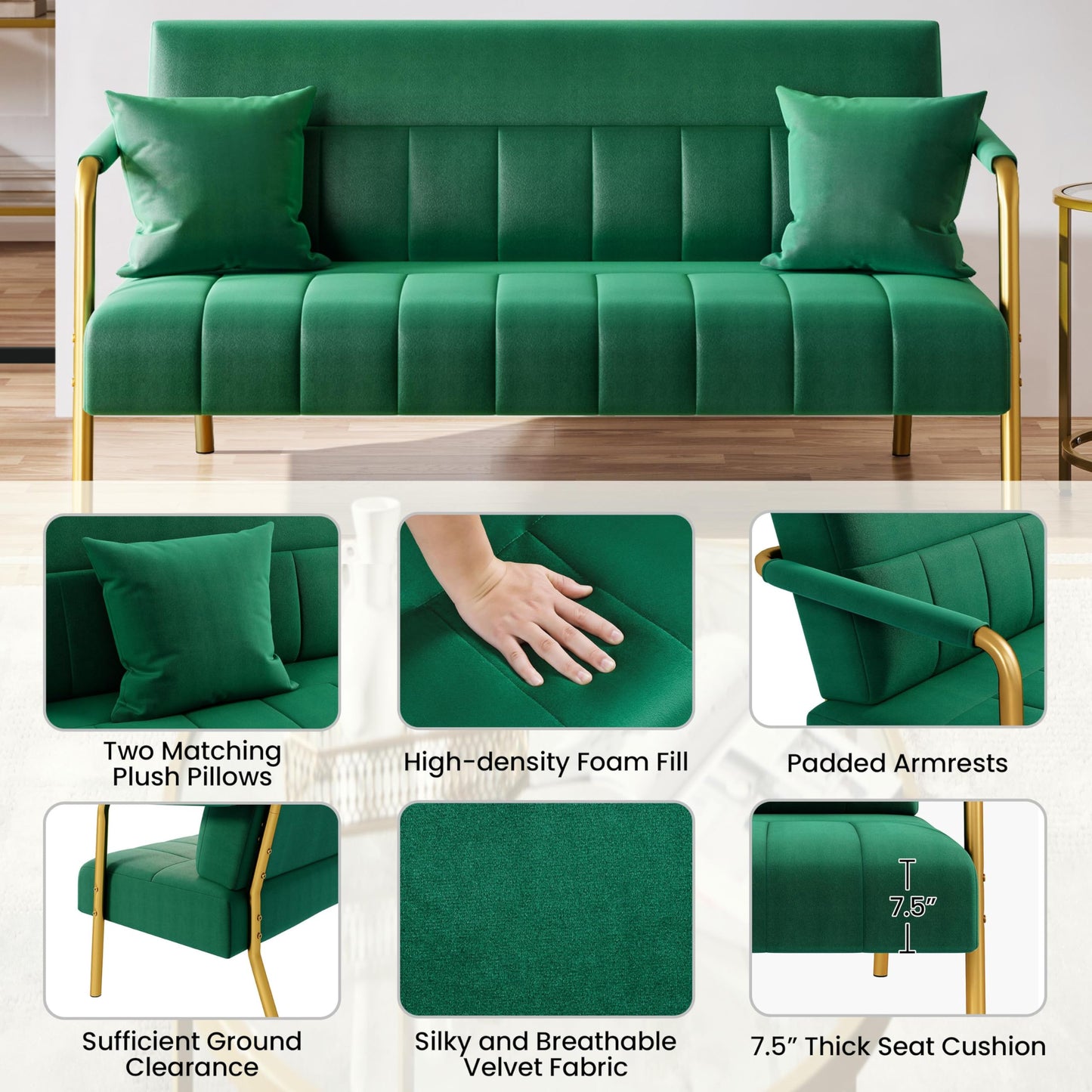 Yaheetech 56.5" W Modern Loveseat 2 Seater Sofa Luxurious Velvet Fabric Couch with Gold-Tone Metal Arms and Legs for Living Room, Home Office, Studio Green