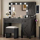 DWVO Farmhouse Vanity Desk with Light and Hollywood Makeup Mirror, Large Storage Space Vanity Set with 2 Drawers & 2 Cabinets, Dressing Table for Bedroom, Stool Included, Black DWVO