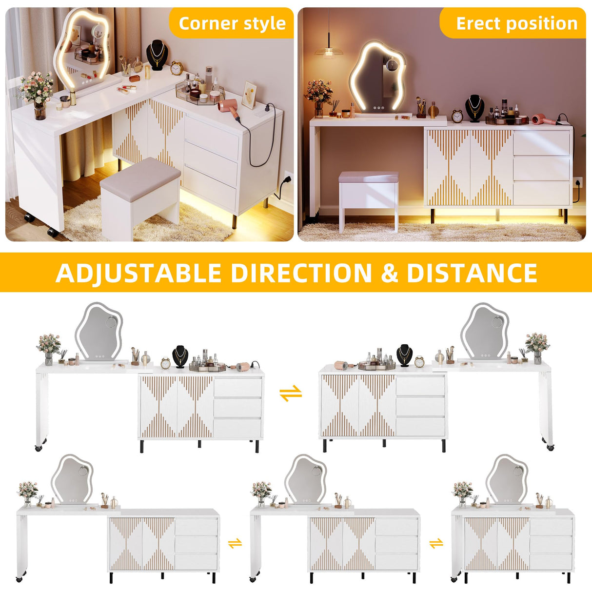 DWVO 360° Rotatable Computer Desk with Power Outlets & LED Lights, Corner Computer Desk with Drawers, Home Office Desk with Fluted Panel Doors, Extensible from 47.2" to 91.2" DWVO