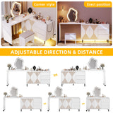 DWVO 360° Rotatable Computer Desk with Power Outlets & LED Lights, Corner Computer Desk with Drawers, Home Office Desk with Fluted Panel Doors, Extensible from 47.2" to 91.2" DWVO