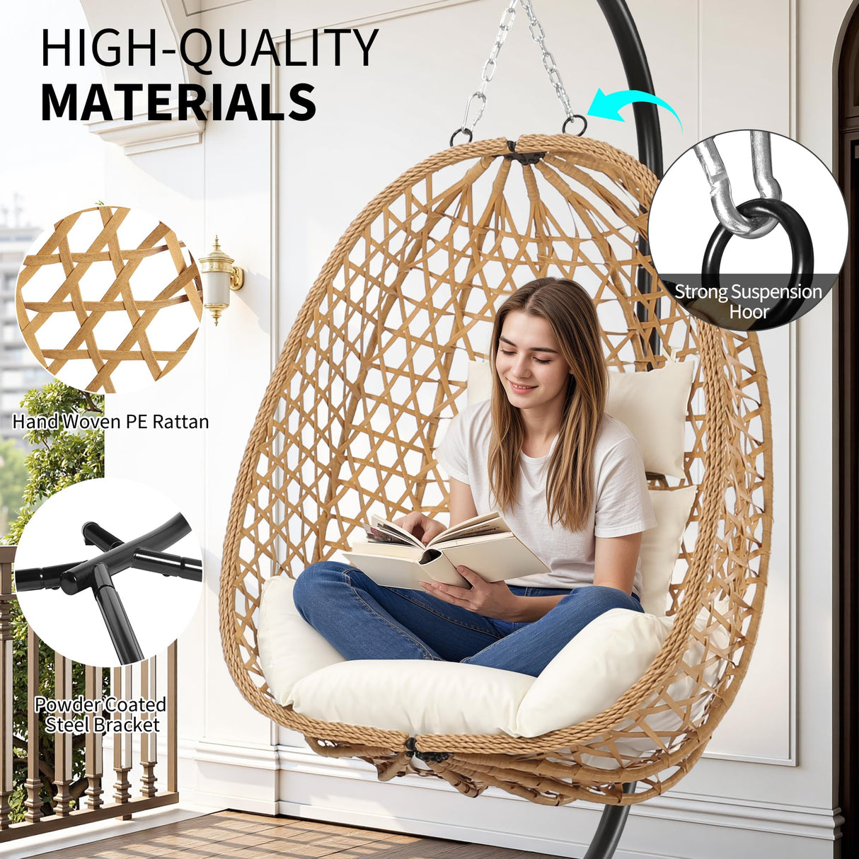 LEX CRAFT Egg Chair with Stand, Patio Wicker Hanging Chair, Hammock Swing Chair, 350LBS Capacity for Bedroom, Balcony, Garden (YE-BE) LEX CRAFT