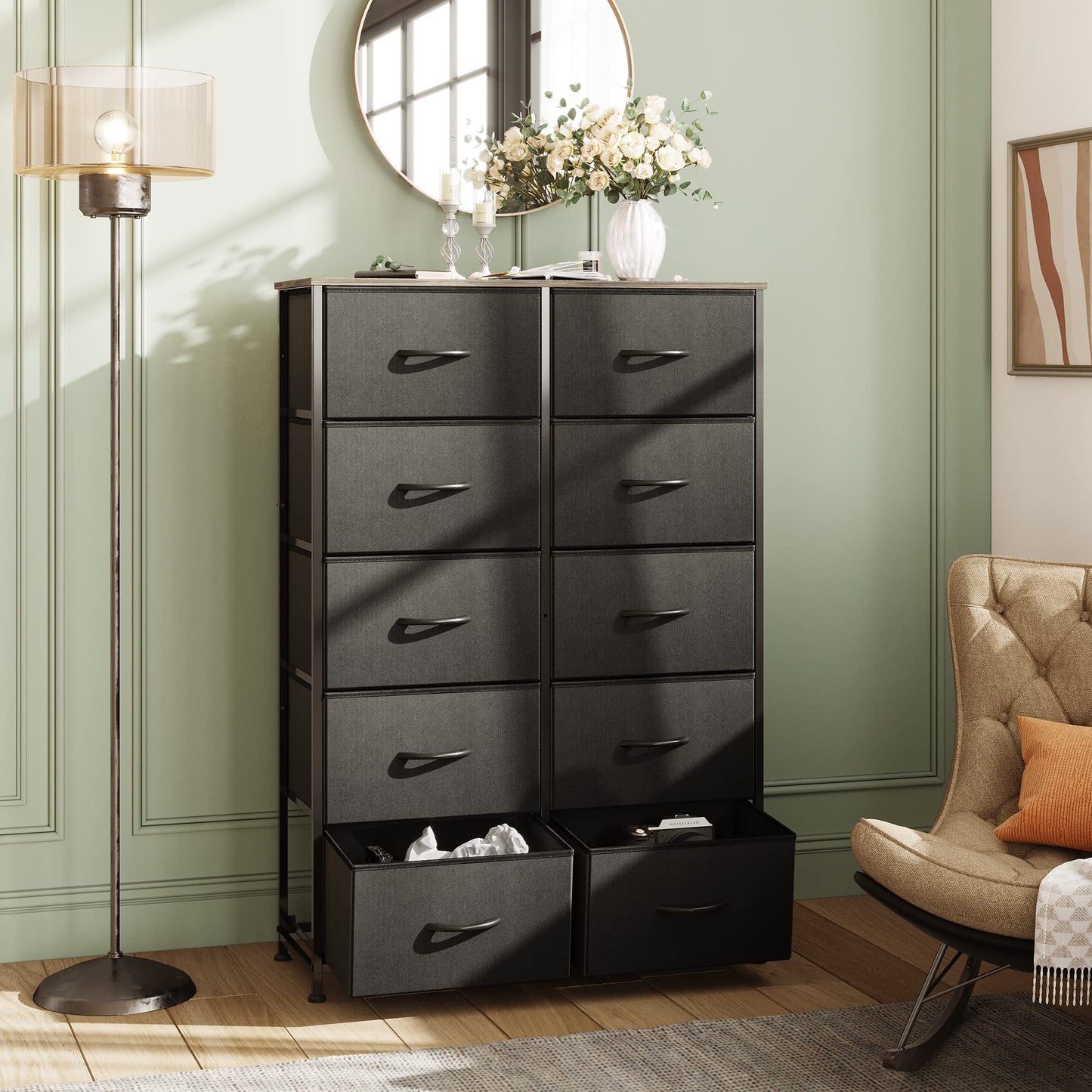 WLIVE Tall Black Dresser for Bedroom with 10 Drawers, Chest of Drawers, Dressers Bedroom Furniture, Storage Organizer Unit with Fabric Bins for Closet, Hallway, Living Room, Entryway