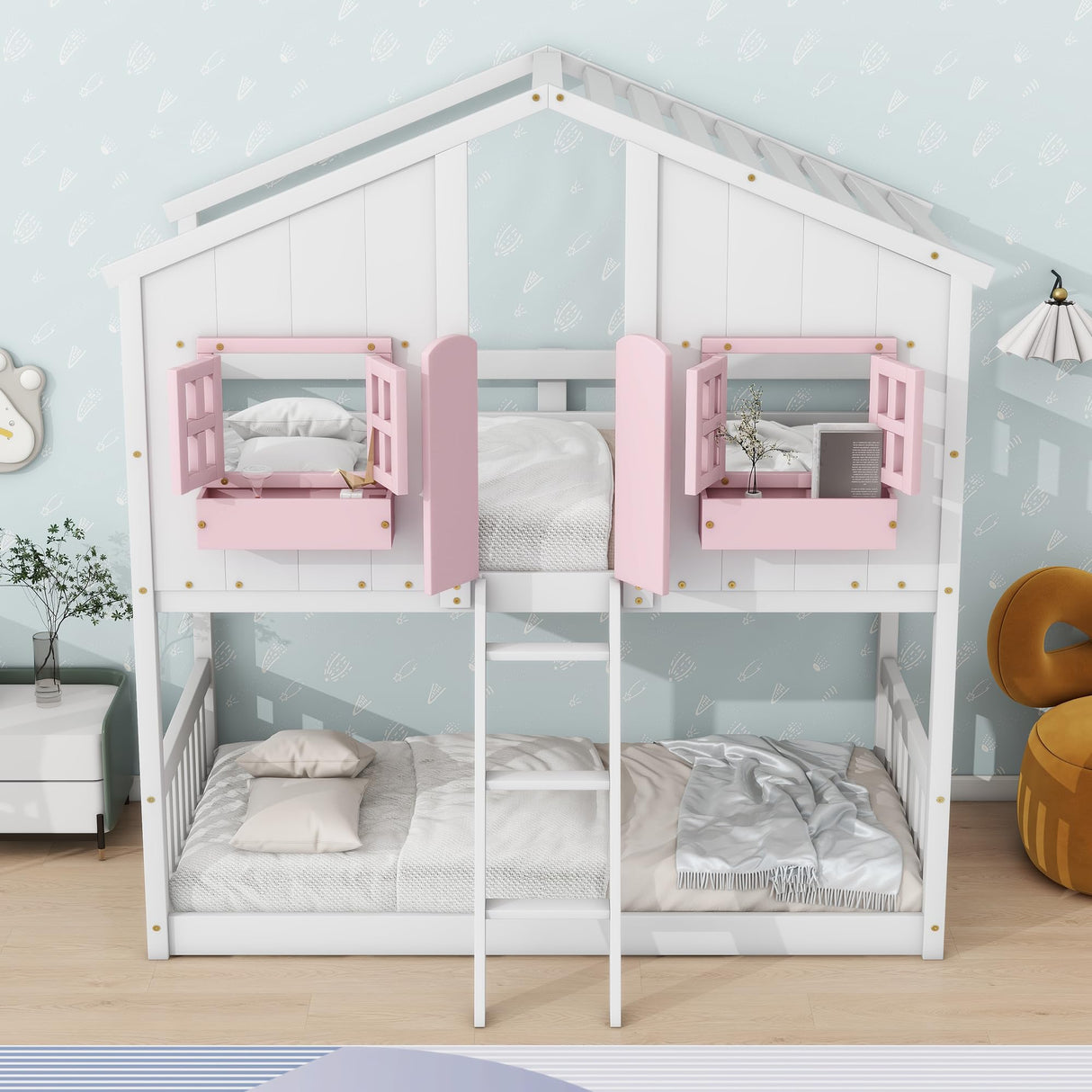 Bellemave Twin Over Twin House Bunk Bed, Wood Bunk Beds with Roof, Windows, Window Box and Small Door, Floor Bunk Beds with Ladder and Guard Rails for Kids (Pink+White) Bellemave