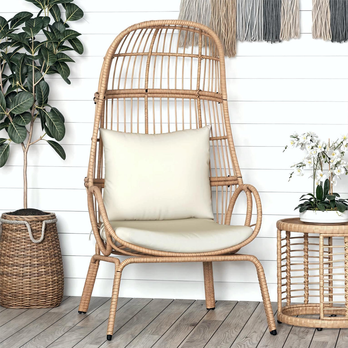 YITAHOME Outdoor Small Egg Chair, Patio Wicker Basket Chair with Strong Capacity Indoor Egg Chairs with High Back & Cushion Cocoon Chair for Bedroom, Outside (Beige) YITAHOME