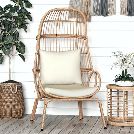 YITAHOME Outdoor Small Egg Chair, Patio Wicker Basket Chair with Strong Capacity Indoor Egg Chairs with High Back & Cushion Cocoon Chair for Bedroom, Outside (Beige) YITAHOME