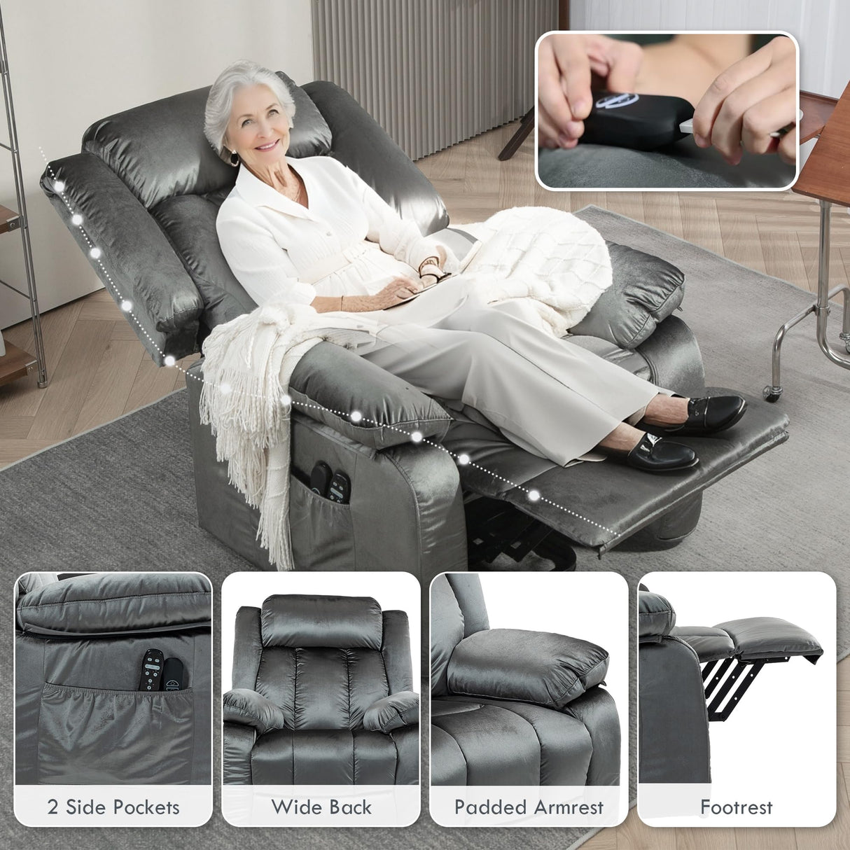 HOMCOM Power Lift Recliner Chair for Elderly with Massage and Heat, Electric Lift Chair with USB Ports, Side Pockets, 35" Wide Back for Living Room, Bedroom, Gray HOMCOM