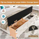 DICTAC Farmhouse Queen Bed Frame with Storage Headboard, Charging Station and LED Lights Queen Size Platform Bed Frame with Storage Ottoman, Metal Slats Support, No Box Spring Needed, Antique White DICTAC