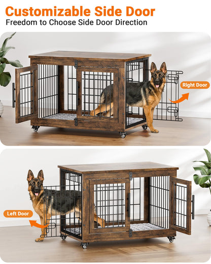 YaFiti Dog Crate Furniture with Cushion, Wooden Dog Kennel with Double Doors, Heavy Duty Dog Cage End Table with Wheels, Dog House Indoor for Small Medium Dogs up to 45 lb, 32.5” L, Rustic Br - WoodArtSupply