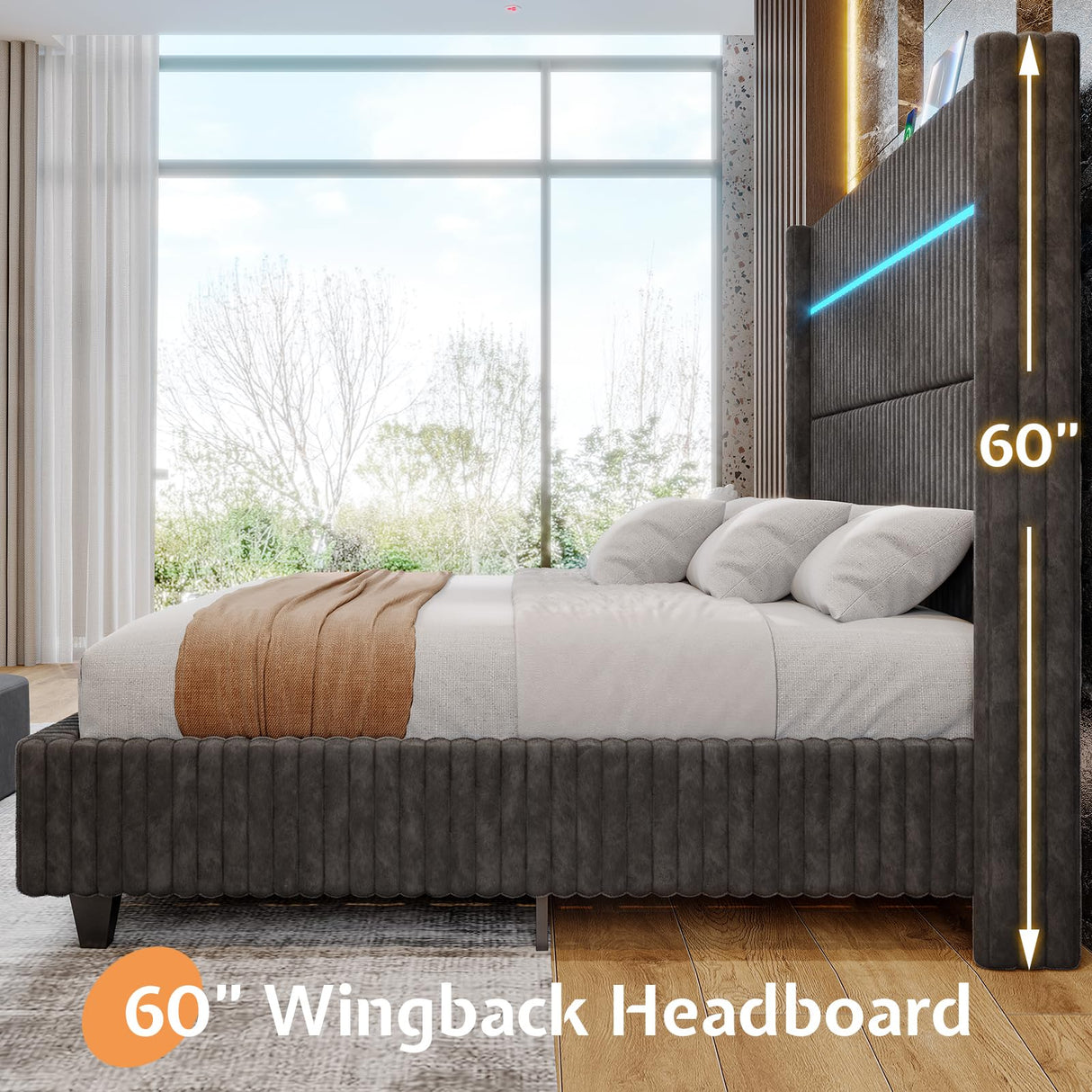 Jocisland 60" Tall King Bed Frame with LED Lights, Corduroy Upholstered Platform Bed Frame with Wingback Headboard and Charging Station/No Box Spring Needed/Grey Jocisland