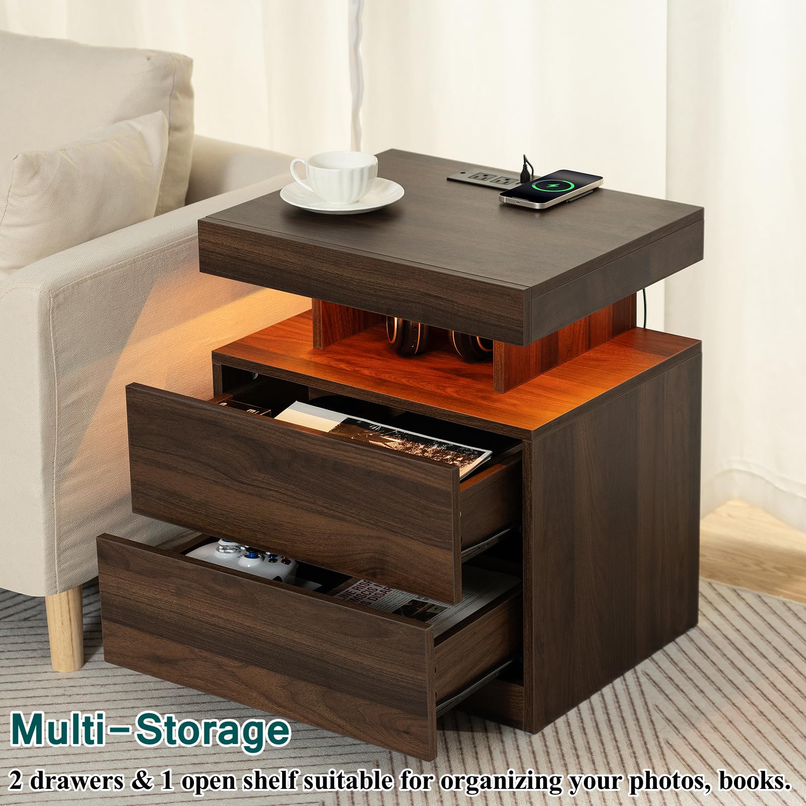 HOMMPA LED Nightstand with Wireless Charging Station Dark Walnut Wood Bedside Table with Led Light Smart Nightstand USB Port Type C Night Table with 2 Drawers Mid Century LED Night Stand for  - WoodArtSupply