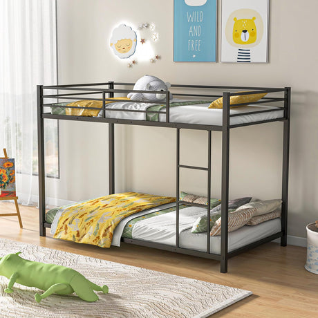 Giantex Metal Bunk Bed Twin Over Twin, Low Profile Bunk Bed Frame with Ladder & Full Length Guardrail, Space-Saving Twin Size Bed Frame for Kids Teens, No Box Spring Needed, Black Giantex